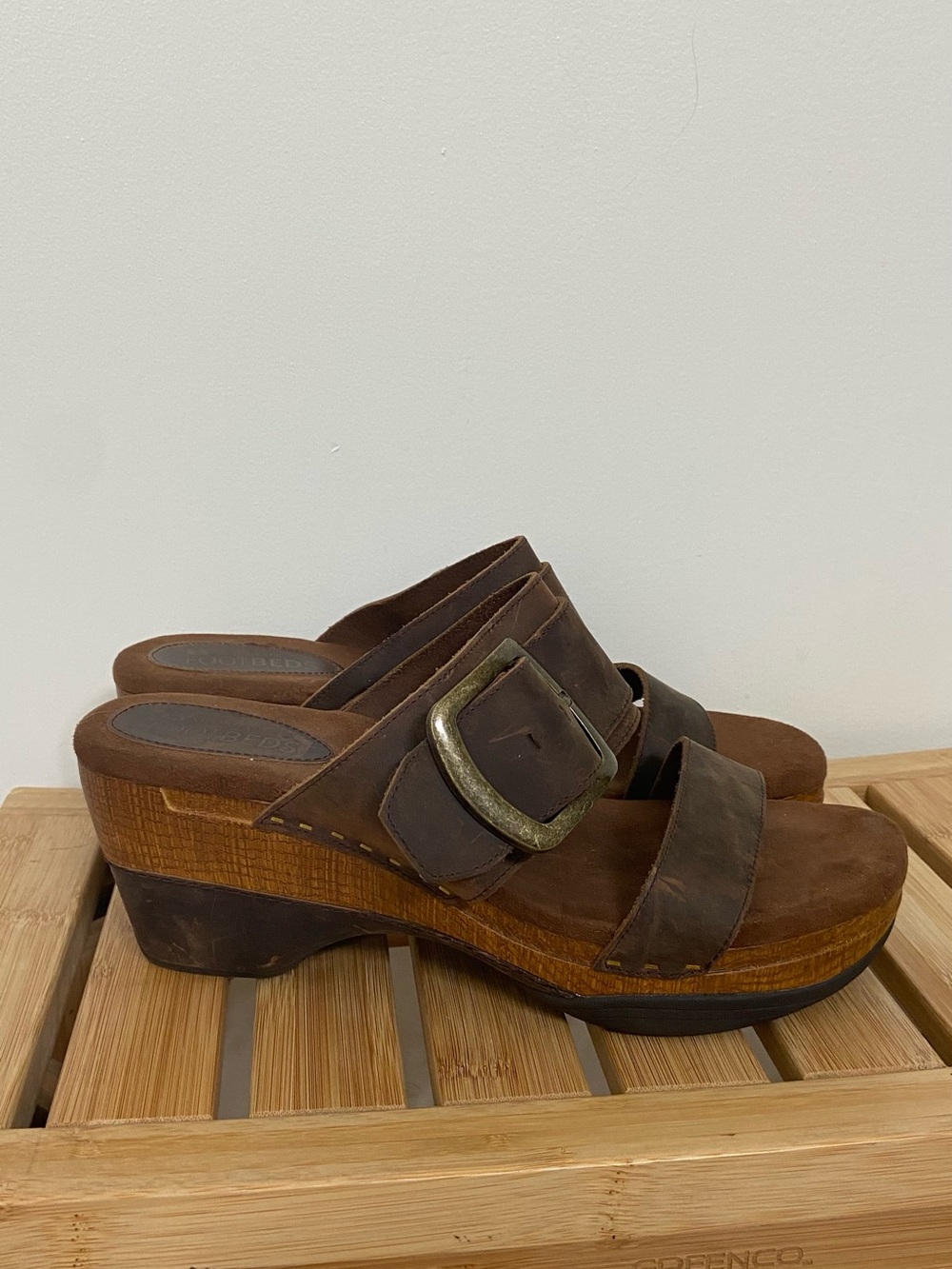 White Mountain Footbeds Brown Leather Platform Wedge Sandals Boho Y2K Unmarked S
